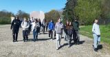 Młodzież spaceruje brukowaną aleją w parku pod czystym, niebieskim niebem.
