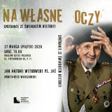 Plakat promujący spotkanie z Józefem Witkowskim pt. 'Na własne oczy', dotyczące historii niemieckiego obozu dla dzieci w Łodzi, zaplanowane na 25 marca 2026 roku.