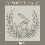 Czarno-biała ilustracja przedstawiająca wielkanocnego zająca w otoczeniu pisanek i bazi z napisem 'WESOŁYCH ŚWIĄT' oraz logotypem Muzeum.